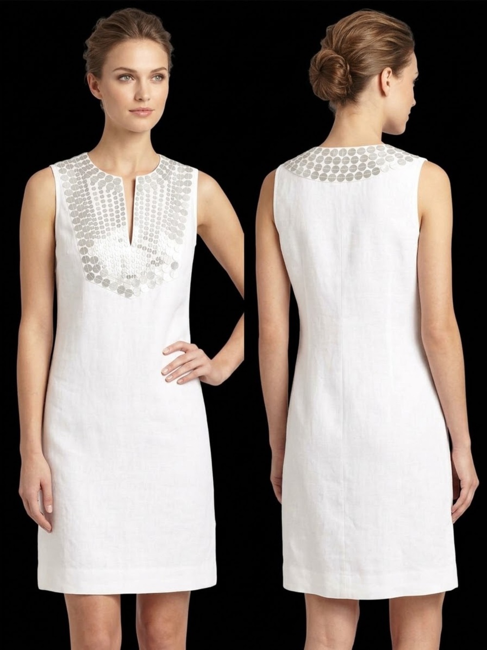 Tory Burch White Sleeveless Shift Dress with Silver Disc Yoke